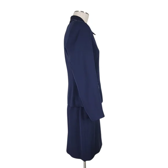 Kasper ASL Skirt Suit 6 Navy White Thick Stitch Flap Pockets Ribbed Long Sleeve - Picture 4 of 8